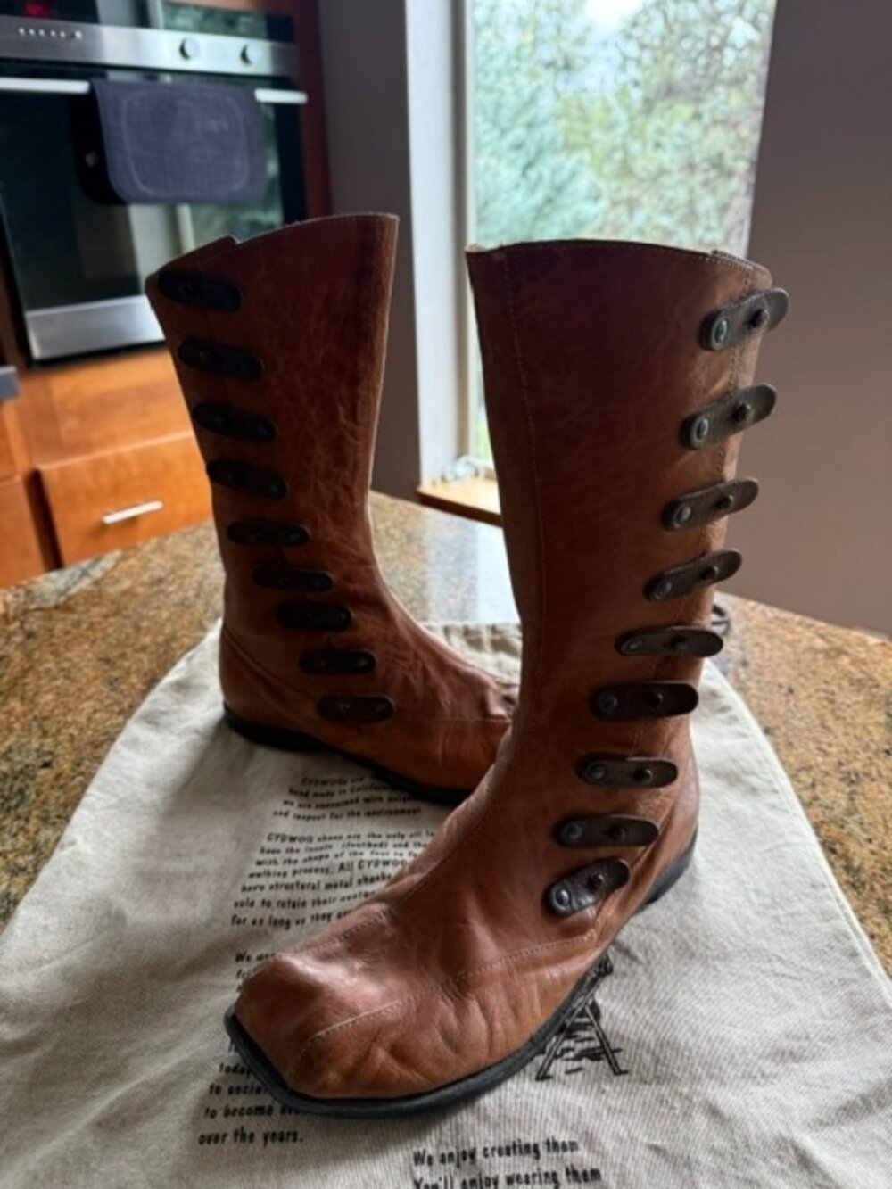 Cydwoq Handmade Leather Tall Boots Brown Button Loop Detail Size 39.5 USA Made